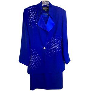 Vintage Eva Polini Womens 2-Piece Skirt Suit Size 6 Blue With Beaded Accents